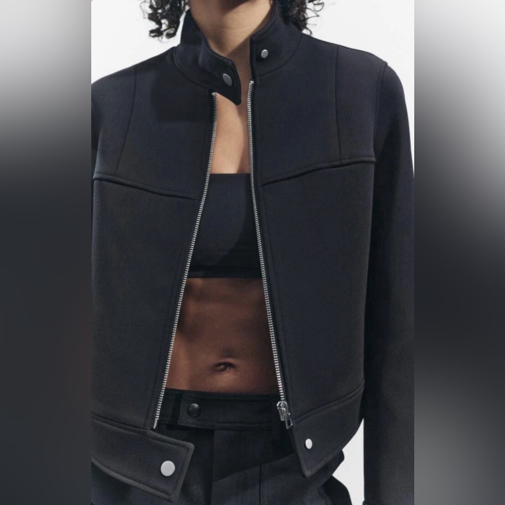 Zara Black Structured Cropped Jacket High Neck Zip Front Size Small NWT